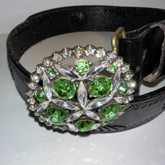 B-Low The Belt Black Leather Rhinestone Embossed Boho Belt Size 34 Floral Buckle - Picture 2 of 8
